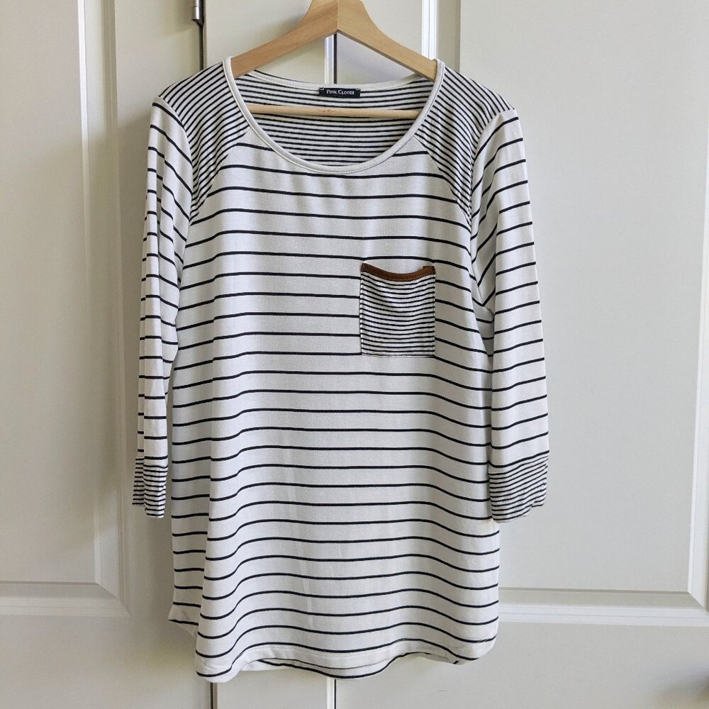 Pink Clover Striped Crew Neck Top 3/4 Sleeve Curved Hem Drop Waist Casual Tunic
